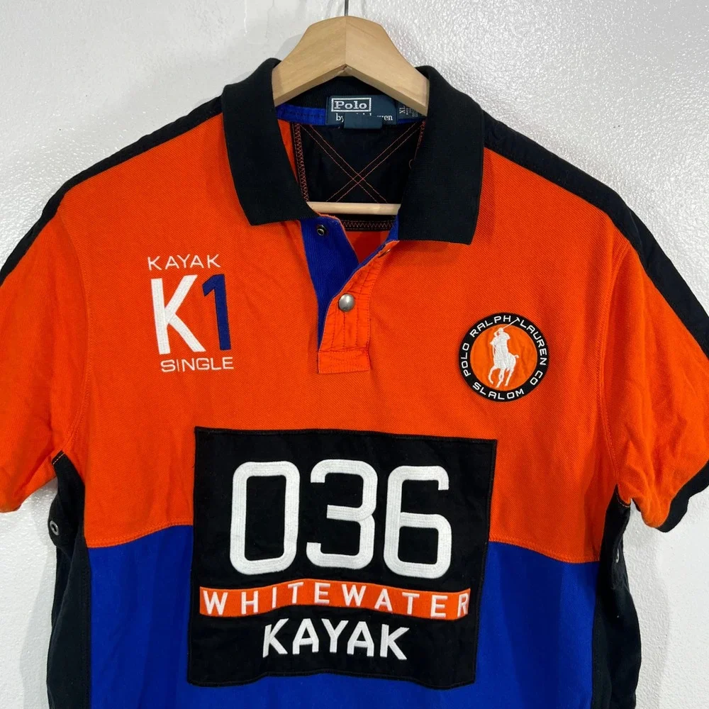 Vtg. Polo Ralph Lauren Men XL Custom Fit Kayak Expedition K1 Graphic Polo Shirt
